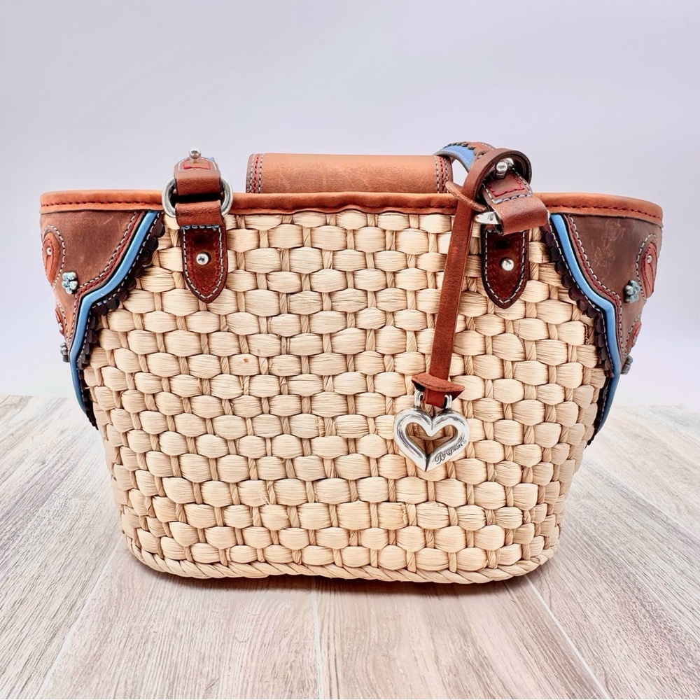 BRIGHTON Straw & Leather Tooled Turquoise Studded Flowers Western Boho Handbag